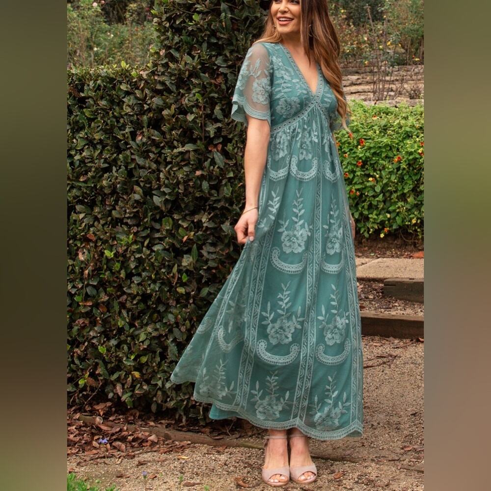 Pinkblush Lace Overlay Maxi Maternity Dress in Sage Size Small - Picture 4 of 11